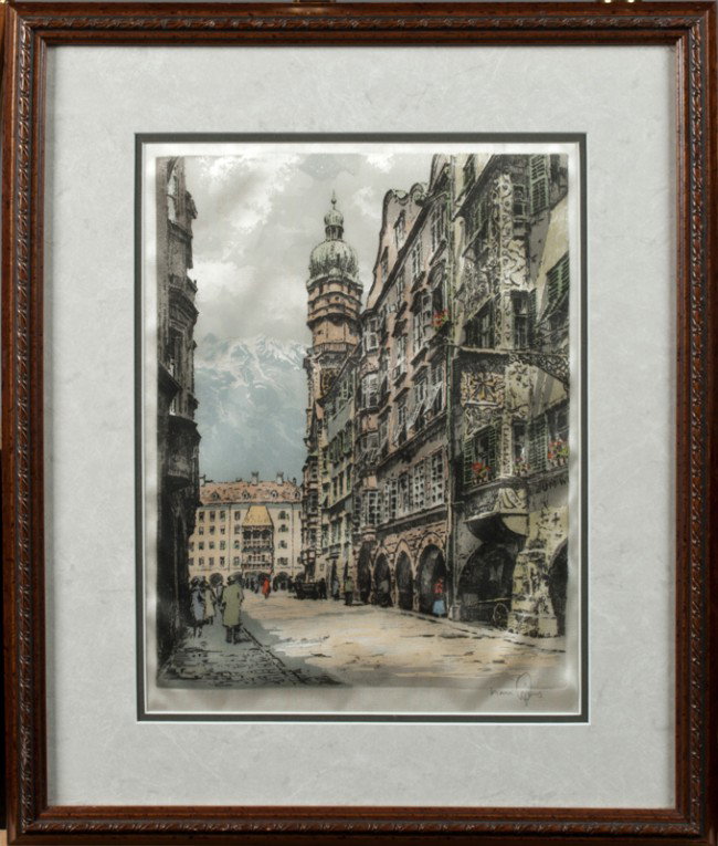 Hans Figura, Ink Printed on Silk: Depicting a European street scene, edition size unknown. Signed in pencil in LR at image and through it in typical style. Hans Figura (1898-), Austria was known for his landscape paintings. Great hand