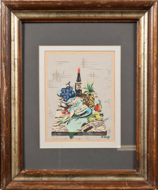 N. Takis, Silkscreen Print on Paper: Possibly Nicholas Takis. Depicting a still life of fruit on a table with wine. Signed in plate in LR. Double matted and framed behind glass, in a gold gilded and wood frame, circa 1950's. 7 & 7/8" H x