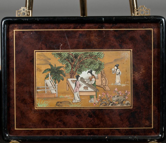 Finely Painted Chinese Lacquer Tray: Painted to depict women in a landscape setting at a table. 16" H x 21" W.