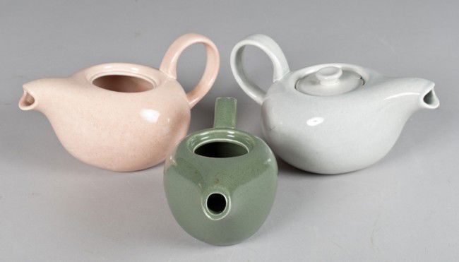 (3) Russel Wright Tea Pots: Includes a lidded gray tea pot (two chips in lid), a salmon tea pot, and a green tea pot, both lacking lids.