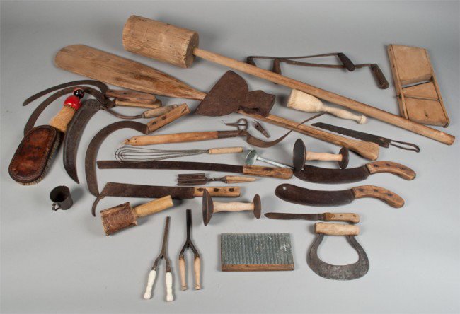 Large Grouping of Primitive Tools: Includes a large paddle, a large masher, sickles, blades, brushes and much more. Largest 47.5" L.