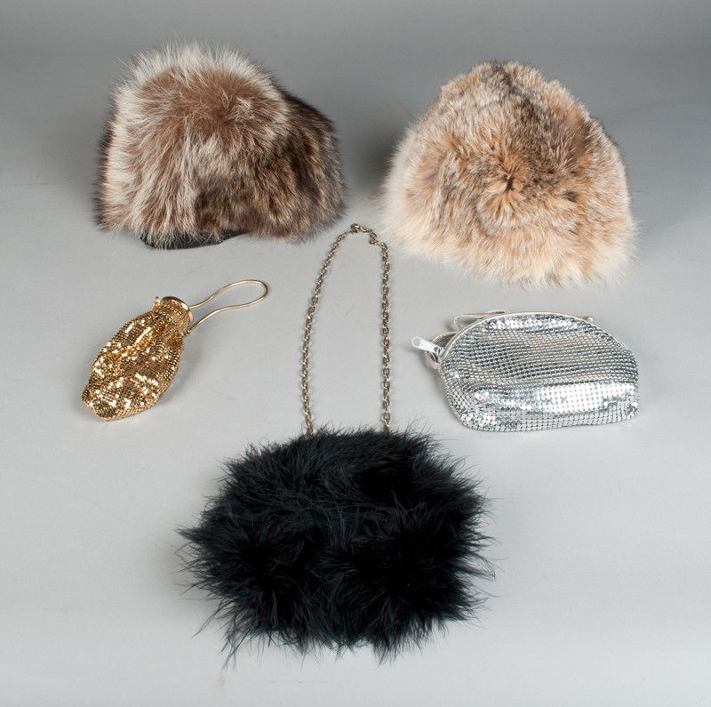 (5) Ladies Purses and Fur Hats: Includes a Whiting Davis mesh coin purse in original box, a silver color mesh purse, a black feather purse, and two fur hats, one by Lazare's Furs and the other by Lora. All pieces in very good condit