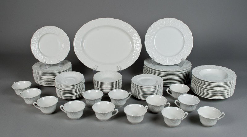 (99) Piece Royal Cauldron Service: In the "Bristol Garden" pattern, includes 13 dinner plates, 15 salad plates, 15 soup bowls, 15 b & b plates, 11 finger bowls, 13 cups, 16 saucers and a large platter. All marked Royal Cauldron Bristol