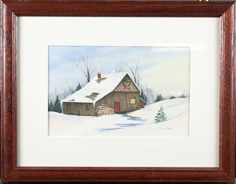 Jan Knoll, Watercolor Painting on Paper: Depicting a wooden house in winter with Christmas wreath. Signed Jan Knoll in LR. Matted and framed behind glass, 7" H x 11" W, sight, 14.25" H x 18" W, framed.