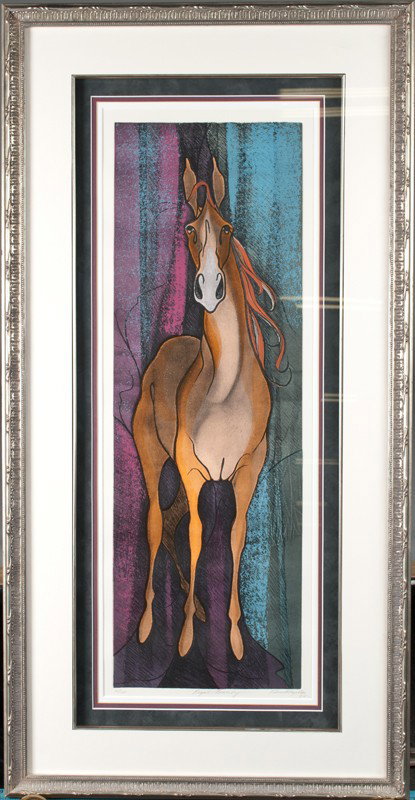 Patricia Buckley Moss Framed Print: Titled, "Regal Beauty," depicting a horse on a colorful background. Signed in pencil and dated 94 in LR, titled in LC and edition 25/125 in LL. Matted and framed behind glass, 29.5" H x 20.25" W, incl