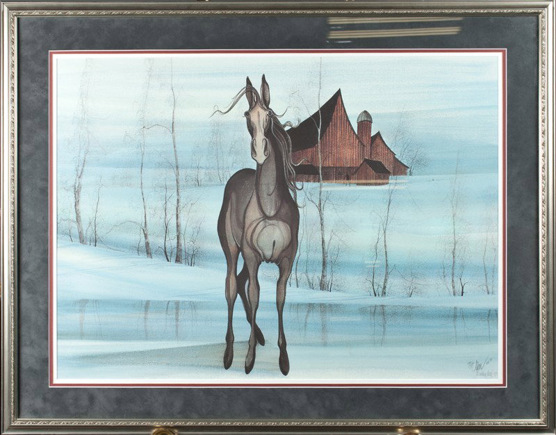 Patricia Buckley Moss Framed Print: Depicting a horse in winter with barn and figure in the distance. Signed, dated 88 and edition 400/1000 in pencil in LR. Matted and framed behind glass, 31" H x 39.5" W, including frame.