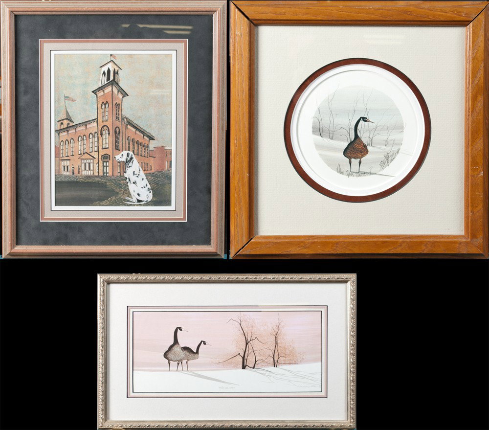 (3) Patricia Buckley Moss Framed Prints: Includes "Travelers Two," signed and dated 70, a dalmatian in front of a fire house, and "Who Goes There?", edition 339/1000, signed and dated 94. Largest 18.5" H x 16" W.