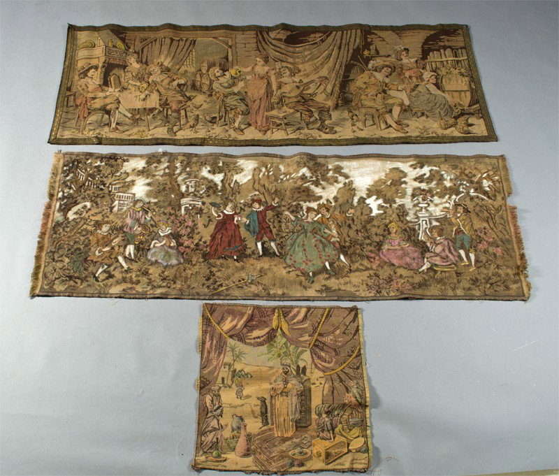 (3) European Antique Tapestries: To include a Made in France tapestry with scene of figures dancing and drinking, a highlighted tapestry with scene of courting couples dancing and playing instruments, and a small square with Middle E