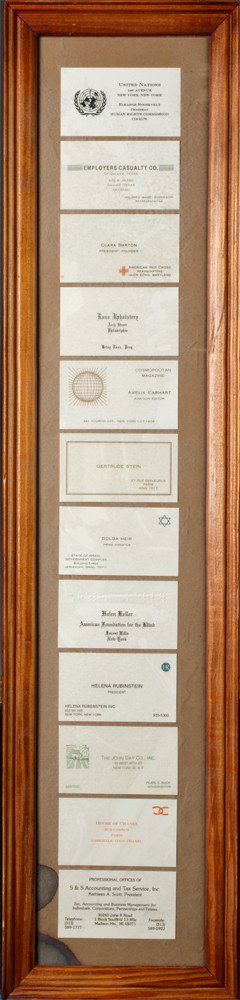 Salesman Sample Framed Business Cards: Various card styles and fonts to include Clara Barton (American Red Cross), Amelia Earhart, Gertrude Stein, Helen Keller, and more. 29.25" H x 7" W.