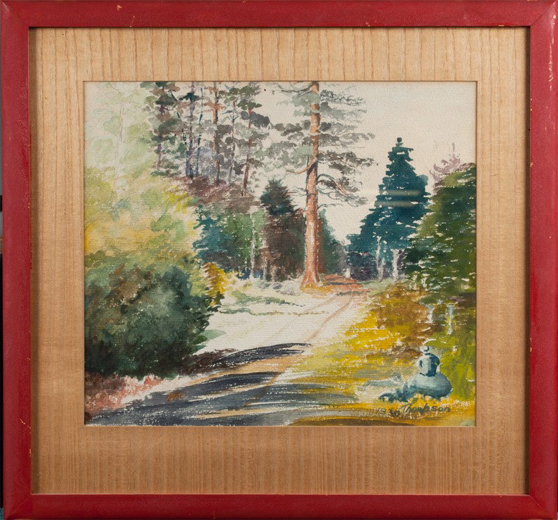 Thompson, Watercolor Painting on Paper: Painted to depict an interior forest scene with winding road and figure sitting on a rock and figure lying on the ground. Signed and dated 1930 in LR. Matted in an Asian style wood matt and simple red