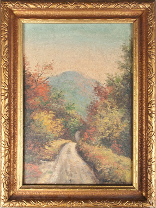 Olive Leland Bagg Dye Oil Painting On Board: Painted to depict a road through a Autumn woodland scene and mountain on the horizon. Signed lower right, Olive Leland Bagg Dye (1889-1977) was a California and Nebraska artist known for her landscape