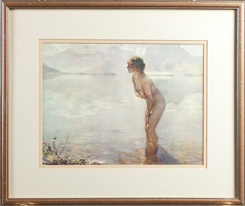 Paul Chabas Framed Lithograph: Titled "September Morn," depicting a young woman bathing at a mountain lake. Paul Chabas (1869-1937), France, was known for his figural paintings. Printed signature in LL, matted and framed behind gla