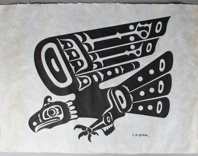 C. B. Greul Native Print on Rice Paper: Depicting an eagle with printed signature in LR. Charles B. Greul, (1923), Canada, known for his black ink silk screen prints on rice paper. 23.75" H x 35.75" W, unframed and in good condition.