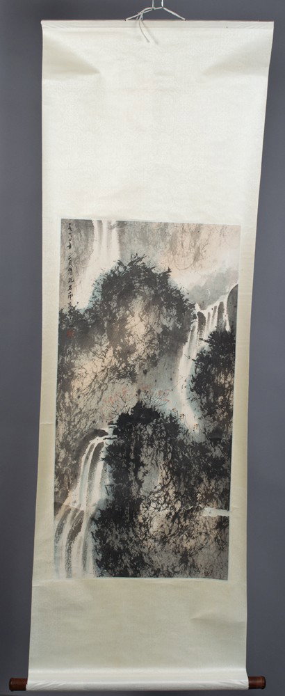 Chinese Scroll Painting Attributed to Baoshi Fu: Attributed to Baoshi Fu (1904-1965). Watercolor painting on silk brocade depicting waterfalls amid trees. Signature in UL with seal mark in red. 34.5" H x 17" W, sight, loss at bottom right approximat