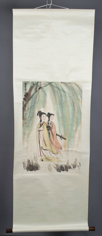 Chinese Scroll Painting Attributed to Baoshi Fu: Attributed to Baoshi Fu (1904-1965). Watercolor painting on silk brocade depicting two female figures in a forest setting. Signature in UL with two seal marks in red. 26.5" H x 17" W, sight.