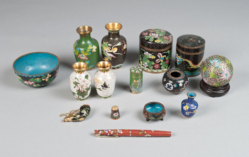 Grouping of (14) Chinese Cloisonne Articles: Includes small vases, jars, covered jars, bowl, thimble and more. Tallest 4" H. All in very good condition.