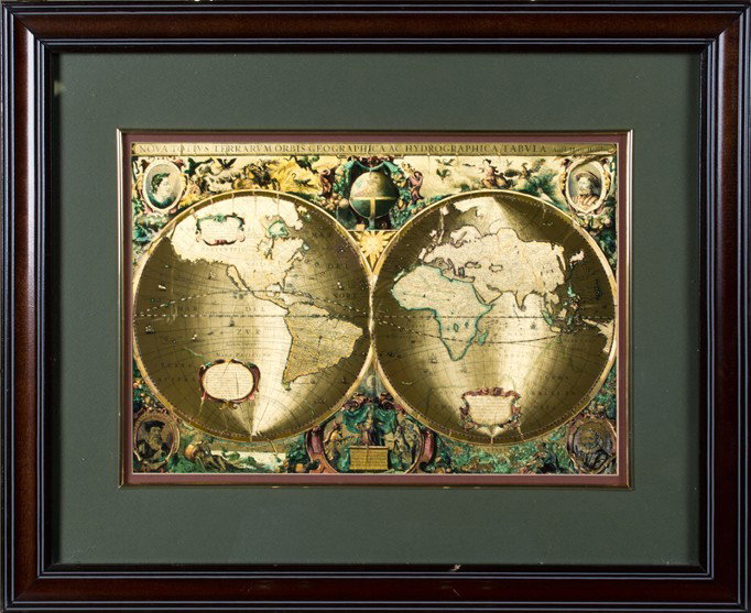 Framed Foil Map of the World: Featuring the continents on both sides of the world. Matted and framed behind glass, 10.25" H x 14.75" W, sight.