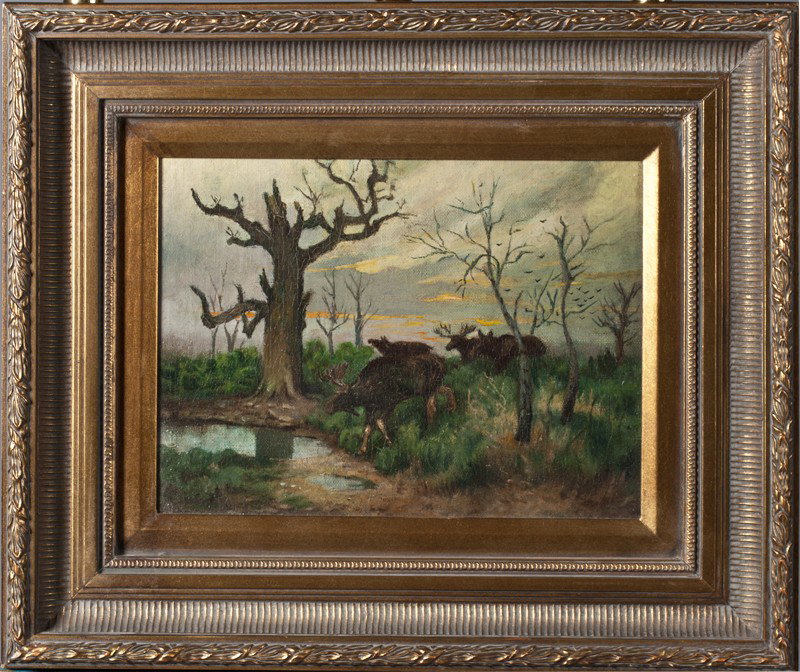 Poss. Carl Clemens Moritz Rungius, Oil on Board: Oil painting on old canvas board, depicting four moose; two males, two females, in an open foliage field near a watering hole with sunset in background sky. Looks to be a fall scene. This piece has wh