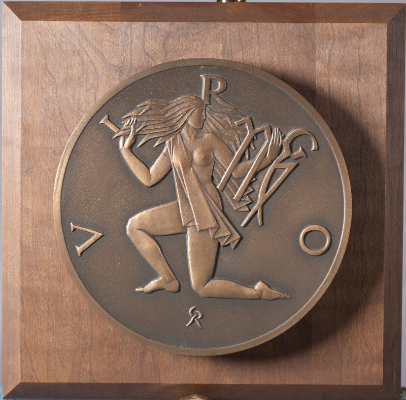 Gilroy Roberts, Bronze Plaque: Titled, "Virgo," heavy bronze circular disk, mounted on wood. Gilroy Roberts, (1905-1991), Virginia, was a known engraver, sculptor. Mr. Roberts was head engraver of the United States and also head of