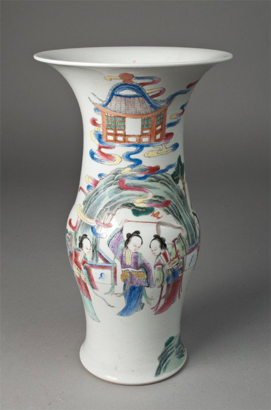 Large Chinese Famille Rose Porcelain Vase: Finely enameled to depict figures beneath an arched tree with building in the background and in reverse another figure with bats either landing or taking off from her hand. Four character mark in iron
