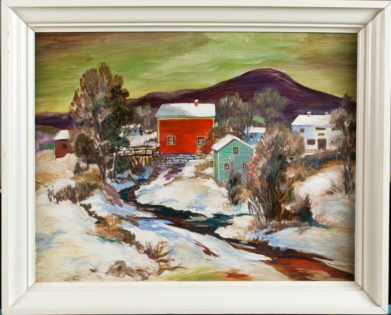 Bucks County Artist, Oil Painting on Plywood: Depicting a winter scene with houses in a conclave along a stream with a foot bridge. Painting is definitely influenced by the Bucks County Artist and WPA style. Unsigned. Framed in a painted cream wo