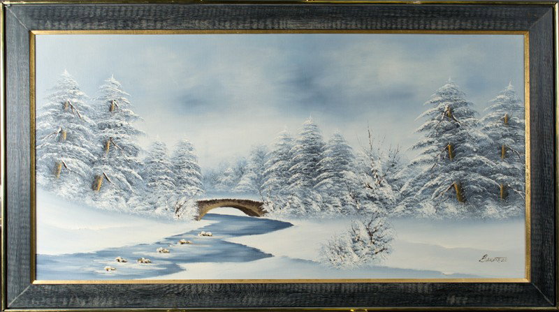 Signed Bannister, Oil Painting on Canvas: Finely painted to depict a winter scene with bridge and river and snow covered pines. Signed LR. Gerald Bannister was known for his winter landscapes. Very well done, 24" H x 48" W, sight. Circa 1960'