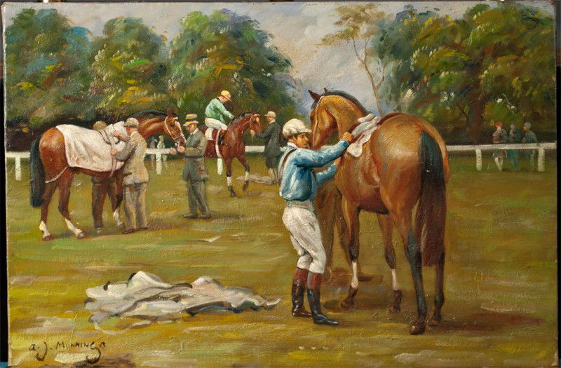 Attb. Sir Alfred James Munnings: Oil painting on canvas, depicting horses and jockeys in the cool down area after a race. Sir Alfred James Munnings (1878-1959), England, was known for country life genre painting. Signed LL. 12" H x 1