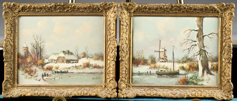 Pr. Of Anton Muller, Oil Paintings on Canvas: One depicting a snowy lake cottage with house in background, signed LR. Other depicting a winter lake scene with windmill and boat on icy lake, signed LL. Anton Muller (1853-1897), Austria was known f