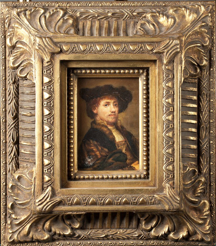 Manner of Rembrandt Van Rinj, Oil on Wood: Oil on wood panel Depicting a version of one of his self portraits in his younger years. Signed Wilson in LR. Framed in a Barouque style frame with gold toned patina. 6.25" H x 4.25" W, sight, 16.5" H