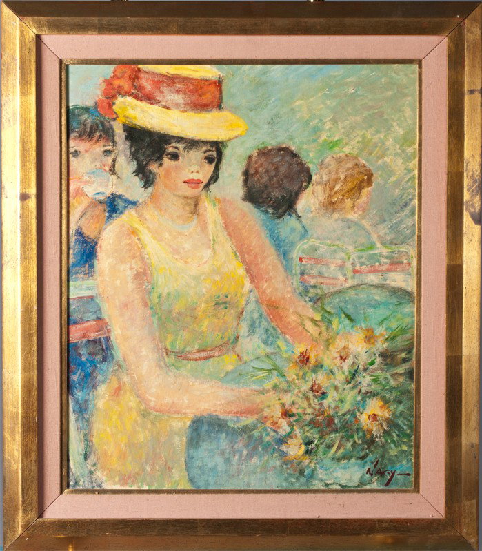 Nagy, Oil Painting on Stretched Canvas: Painted to depict a young lady in a café scene with yellow and red hat seated among other people. Signed LR. Framed in a gilt gold wood frame, 30" H x 25.75" W. Circa 1970's.