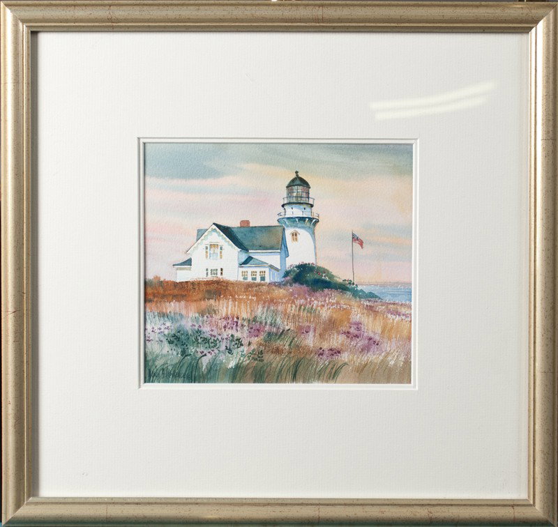 Nancy H. Lawrence, Watercolor Painting on Paper: Finely painted to depict a lighthouse on a shoreline with American flag flying. Image is nicely rendered in the Cape Cod style with fine detail against a broad stroke foreground. Matted and framed beh