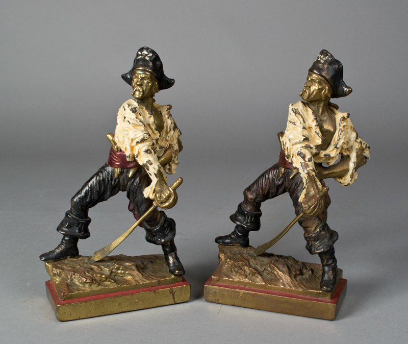 Pr. Of P. Beneduce Signed Pirate Bookends: Paul Beneduce for Armor Bronze, pirate bookends depicting a pirate with his sword. Paul Beneduce, sculptor who created many great pieces for Galvano. 10.25" H x 6.5" W, both signed P. Beneduce and wit