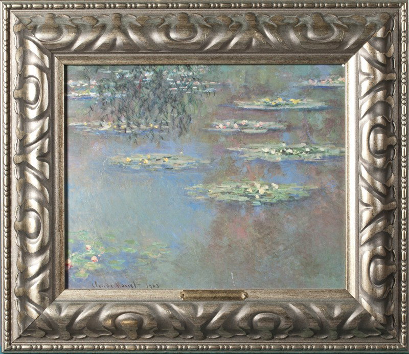 Claude Monet, Dot Matrix Print: Depicting water lilies in a nice designed frame of silver and gold tone patina with brass metal tag with artist name and birth/death dates. 13" H x 15" W, including the frame.
