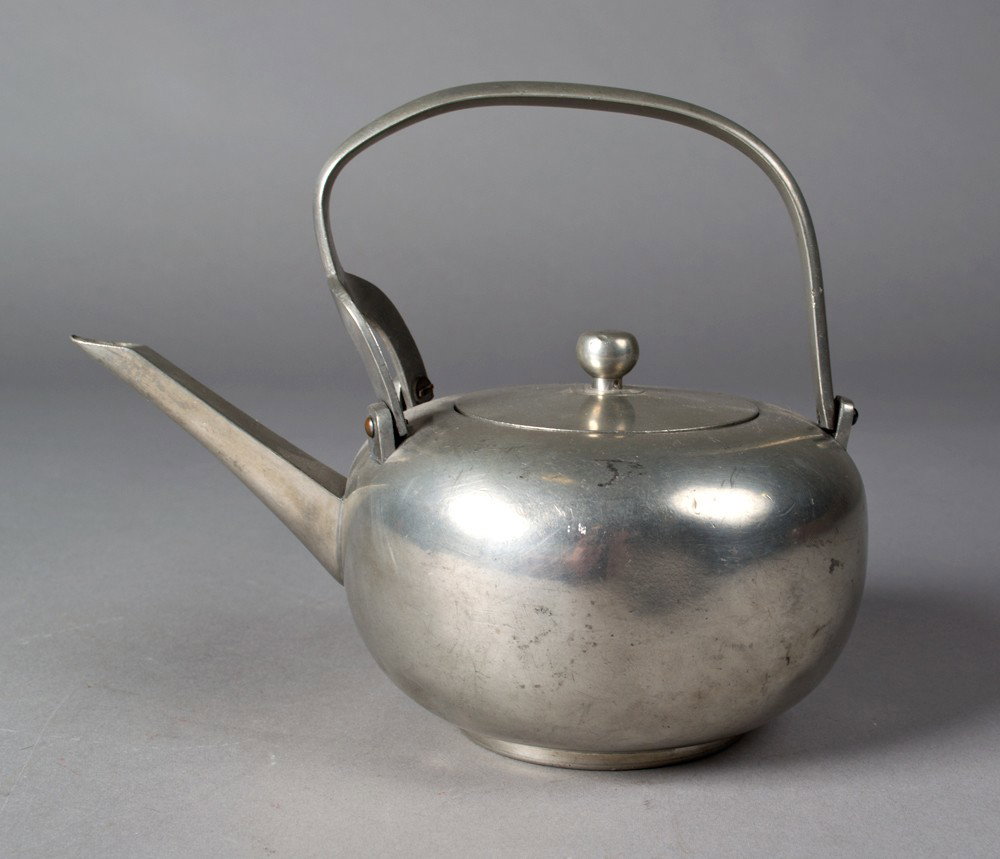 Japanese Tin or Pewter Tea Pot: Two character marks underneath, 6.5" H x 7.75"L x 5" D. Circa 20th century.
