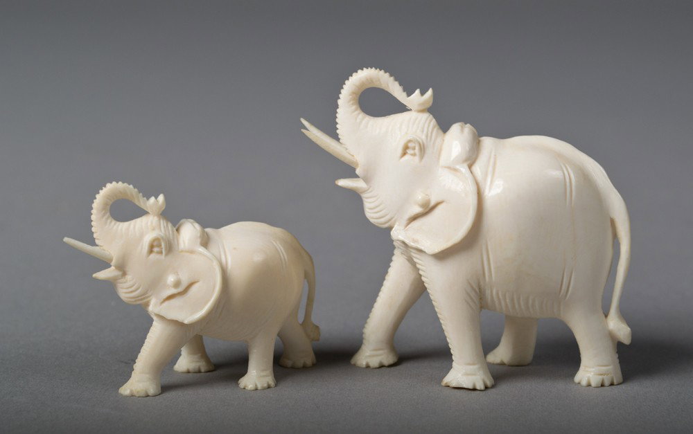 (2) Chinese Carved Ivory Elephants: Both finely carved to depict standing elephants with raised trunks and long tusks, one tusk on smaller elephant chipped. Tallest 2.25" H x 2" H, circa early 20th century.