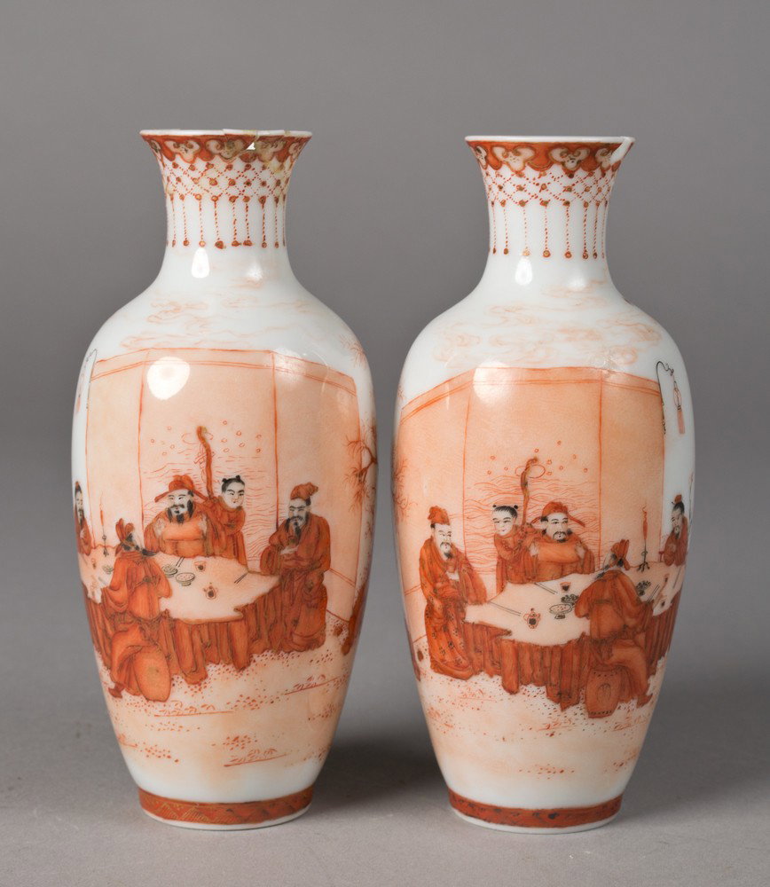 Pr. Chinese Republic Period Porcelain Vases: Both with mirrored images painted to depict figures seated at a table within an outside pavilion signed Tong Yun Shan Fang (Wang Xiaotang), 5.375"H both with neck and rim damage could be easily restor