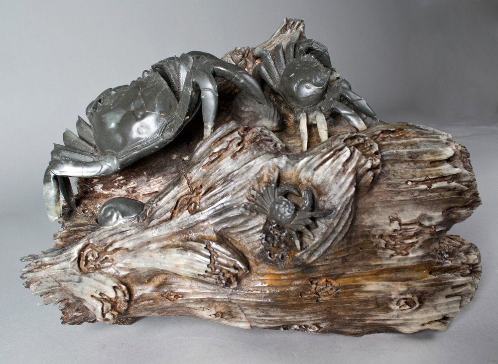 Very Fine Chinese Soapstone Carving of Crabs: Finely carved to depict several crabs of a driftwood stump the stone deep black to light gray with and extremely fine polish very well done with exceptional detail, 13"W X 10"H X 10.5"D circa early 20