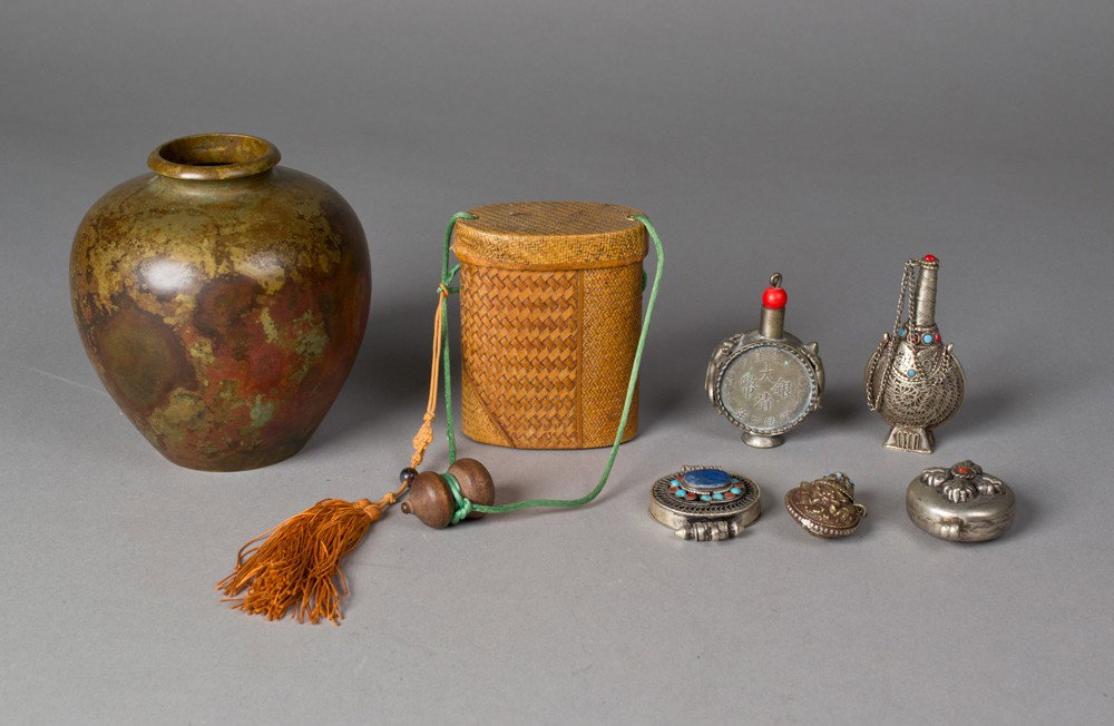 (7) Chinese Inlaid Snuff Bottles Etc.: To include three Chinese or Tibetan inlaid silver snuff bottles in various forms inlaid with coral and turquoise one made out of two Chinese coins together with two Tibetan inlaid pill boxes together 