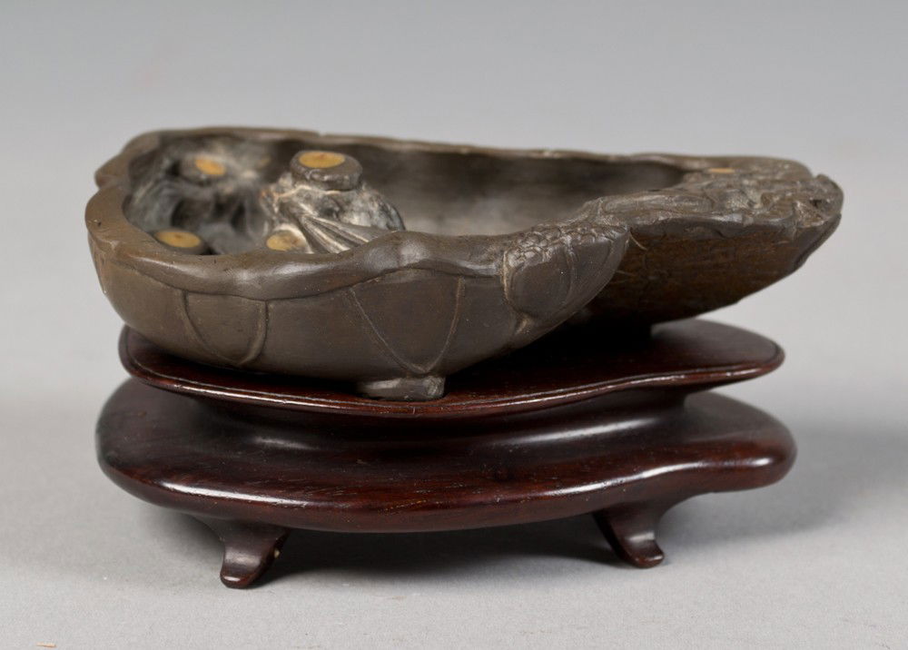 Chinese Republic Yixing Pottery Brush Washer: Finely worked to depict crabs, fish and clams raised on rosewood stand. 4.25"L X 3"W X 1"H. Early 20th century.