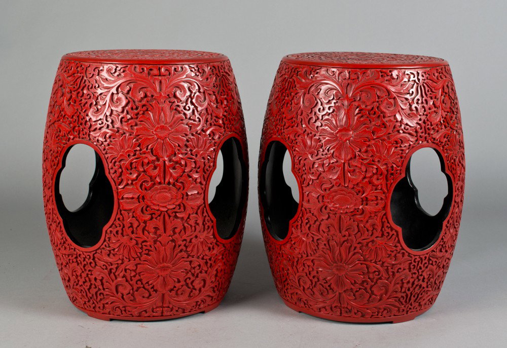 Pr. Chinese Cinnabar Garden Stool: Depicting lotus early 20th century.