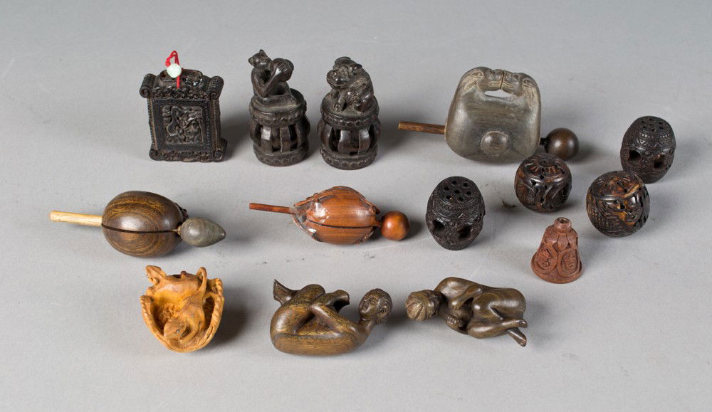 (14) Chinese Carved Wood Figures: All finely carved to depict various figures to include mice barrels wit moveable pods, baskets, and plaques, largest is 2.25"H, circa