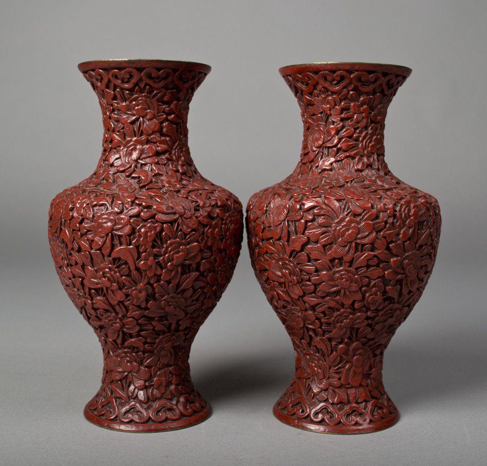 Pr. Of Chinese Qing Carved Cinnabar Vases: Depicting peony blossoms. 8" H, circa 19th century.