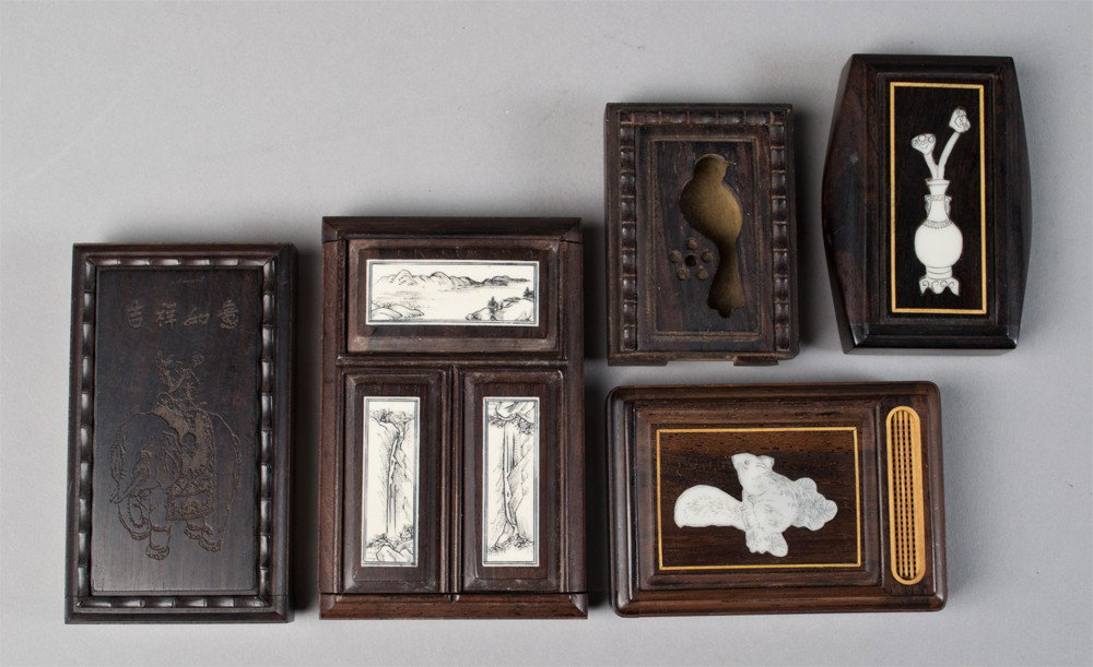 (5) Chinese Ivory and Rosewood Cricket Boxes: Depicting landscapes, vases and flowers, and squirrels, with bone and boxwood vents, one box lacking ivory inlay largest is 3.75"L X 2.75"W circa early 20th century.