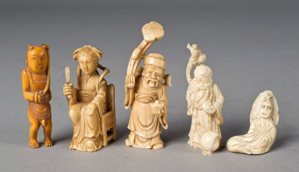 (5) Chinese Carved Ivory Figures: To include various figures including a seated figure holding a mirror a standing elder holding a ruyi scepter in one hand an a wine cup in the other tallest is 2.5"H circa late 19th-early20th century.