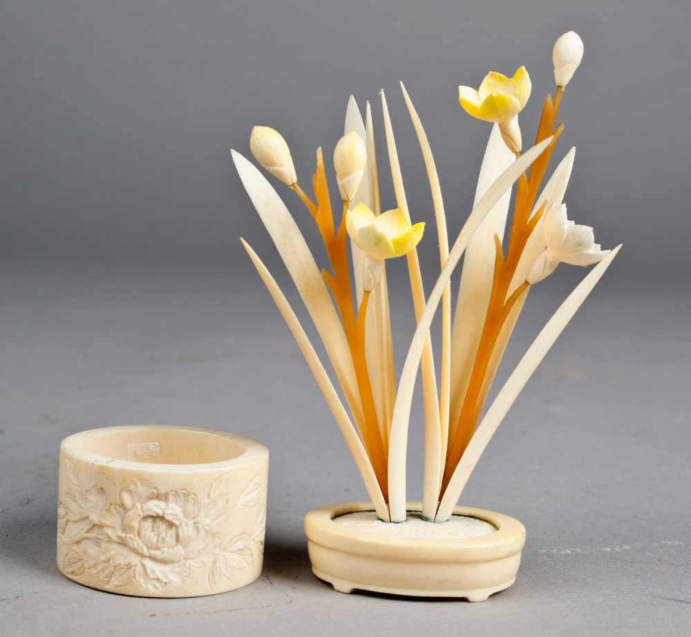 Chinese Carved Ivory Pot of Irises: Finely carved and vibrantly painted to depict standing irises within a shallow pot. 4.5" H. Together with a bone or ivory napkin ring finely carved to depict lotus, 1.5" Dia. Both circa 20th century.