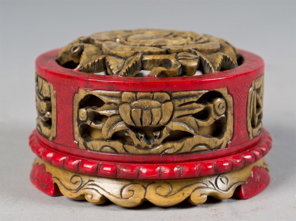 Chinese Carved Soapstone Box: Depicting a peony blossom 3.75"d x 2"H Early 20th Century.