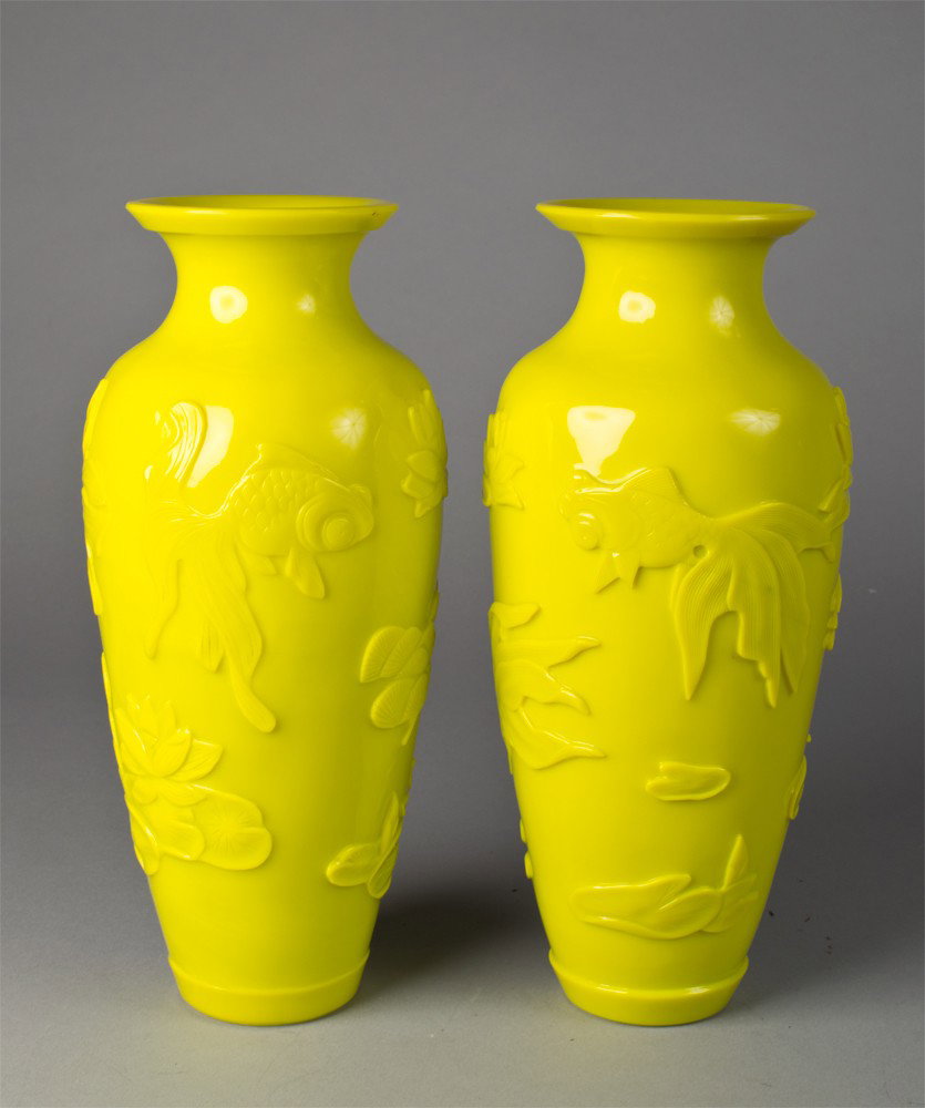 Pr. Chinese Imperial Yellow Peking Glass Vases: Finely decorated to depict goldfish and lilly pads, 12"H circa late 19th-ealry 20th century