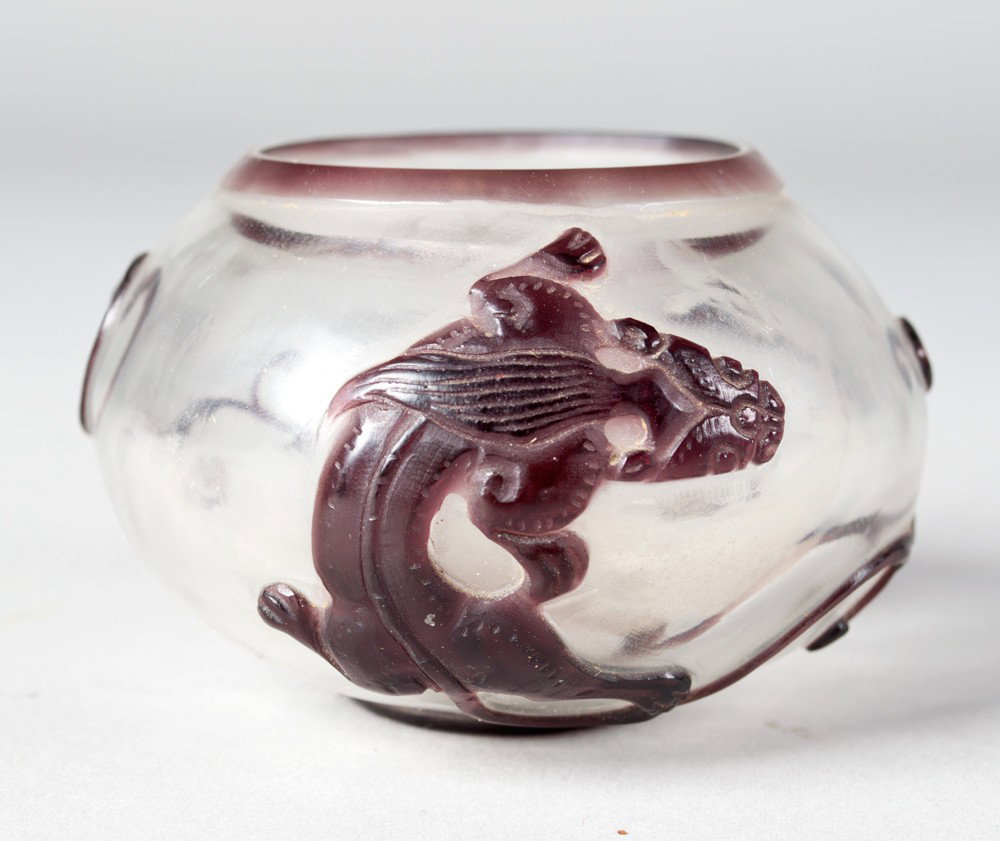 Chinese Peking Glass Brushwasher: In clear and amethyst depicting Qulin and bats, 2.1/4"H X 3.1/4"W, in custom fitted box, circa 20th century.