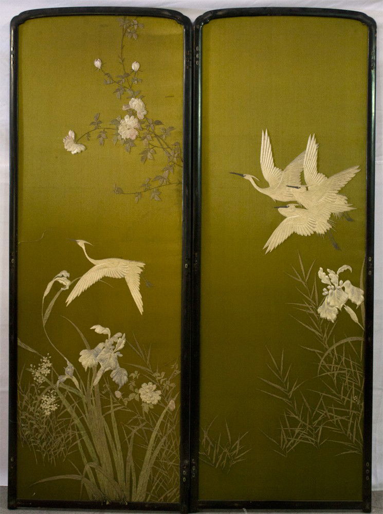(2) Pc. Japanese Silk Embroidered Screens: Each screen finely sewn on one side to depict cranes and foliage, three reverse with paintings on silk to depict landscapes wit fine needlework each panel measures 69"H X 24.75"W, small areas of losse