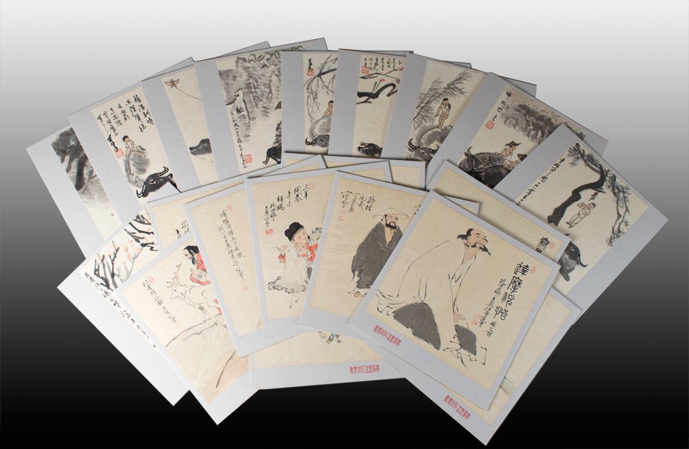 (20) Chinese Watercolor Paintings: Includes a box of paintings by Li Ke Ran, together with a box of paintings by Fan Zeng. Both depicting figures and animals and with signatures. Largest 13.5" Sq. Circa 20th century.
